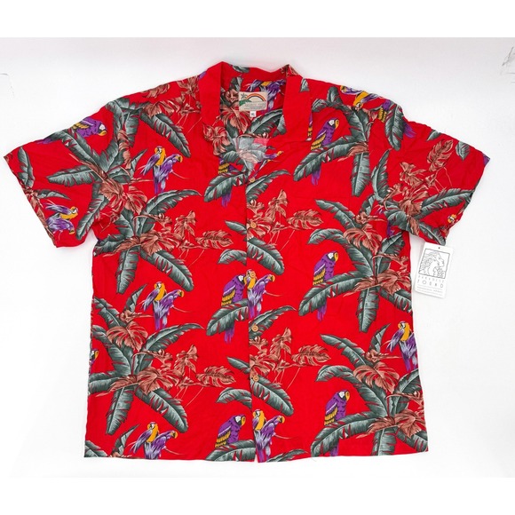 New Paradise Found Shirt Mens XL Red Hawaiian Aloha Parrot Rayon Made in Hawaii - Picture 2 of 11